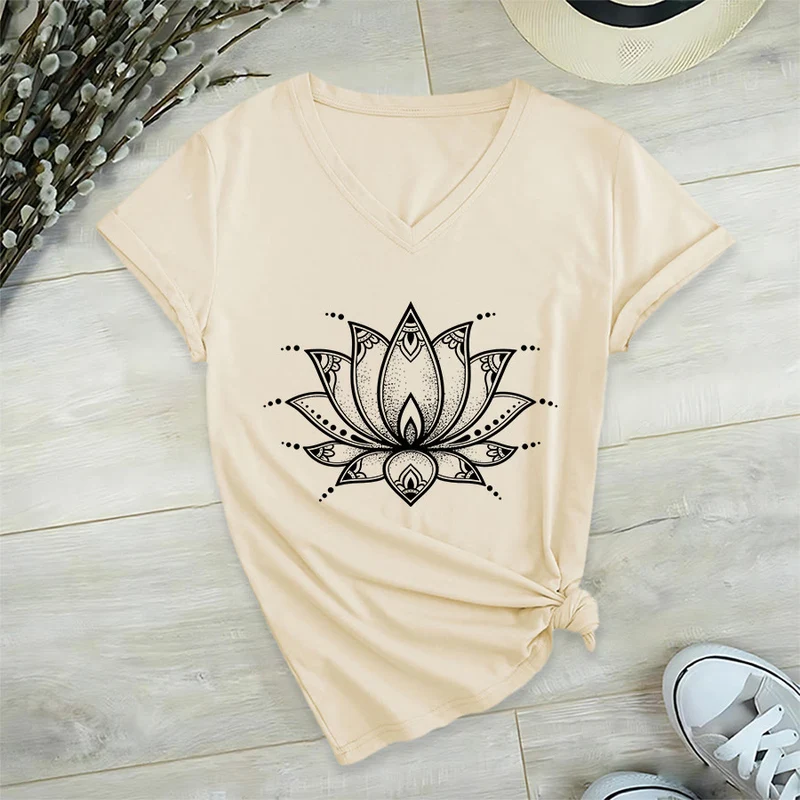 Olivenorma Minimal Outline Sacred Lotus Zen Graphic Damen-T-Shirt mit V-Ausschnitt