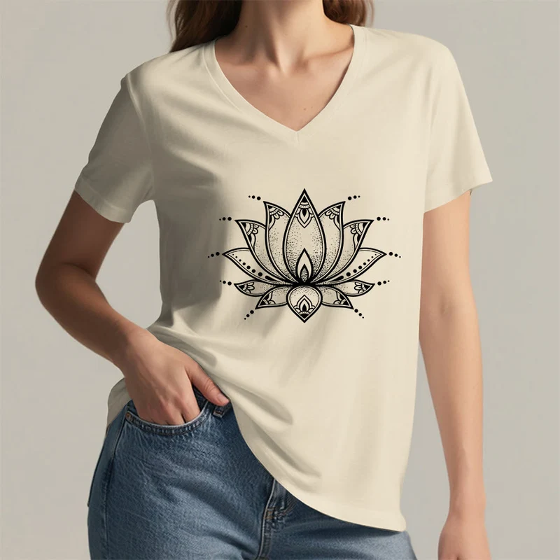 Olivenorma Minimal Outline Sacred Lotus Zen Graphic Damen-T-Shirt mit V-Ausschnitt