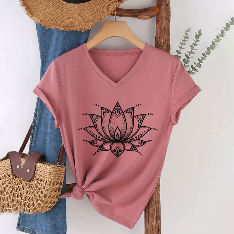 Olivenorma Minimal Outline Sacred Lotus Zen Graphic Damen-T-Shirt mit V-Ausschnitt