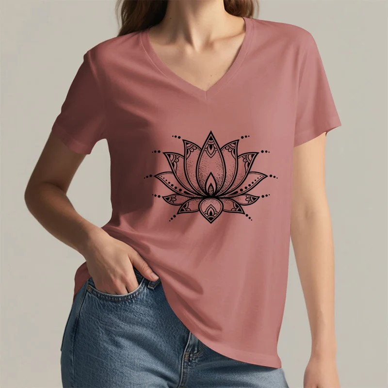 Olivenorma Minimal Outline Sacred Lotus Zen Graphic Damen-T-Shirt mit V-Ausschnitt