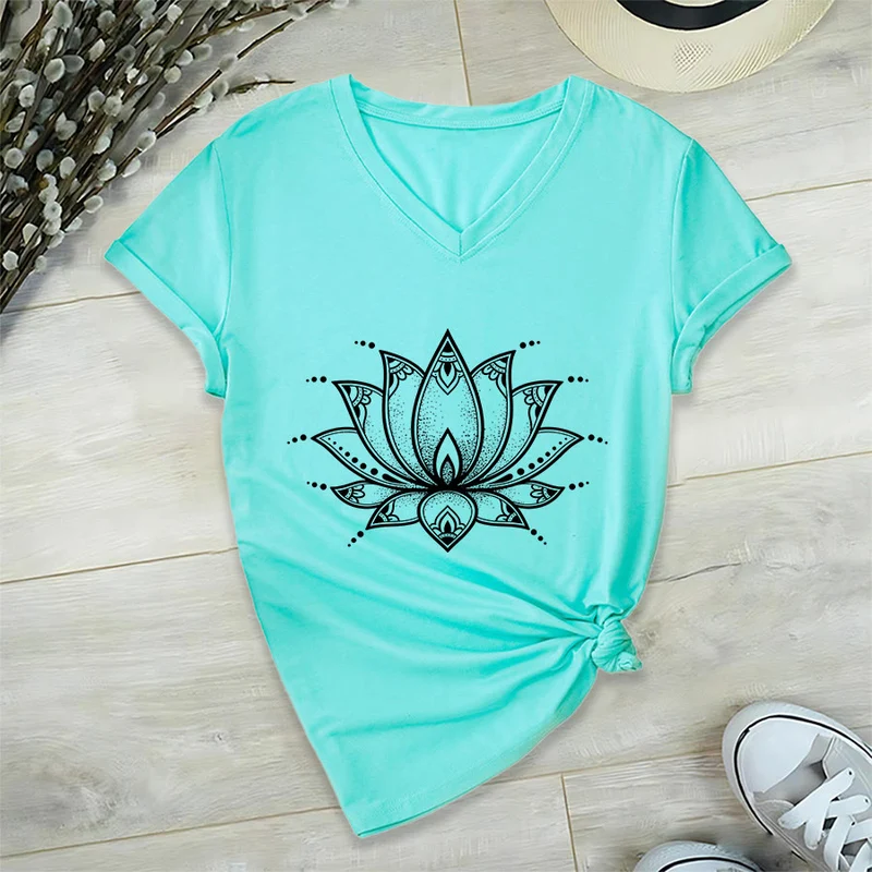 Olivenorma Minimal Outline Sacred Lotus Zen Graphic Damen-T-Shirt mit V-Ausschnitt