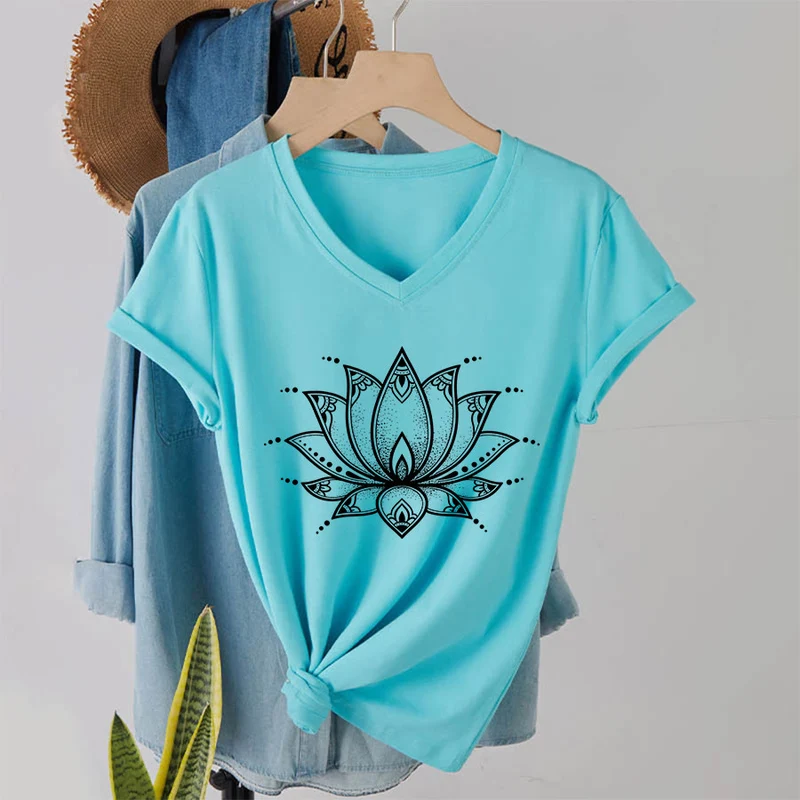 Olivenorma Minimal Outline Sacred Lotus Zen Graphic Damen-T-Shirt mit V-Ausschnitt