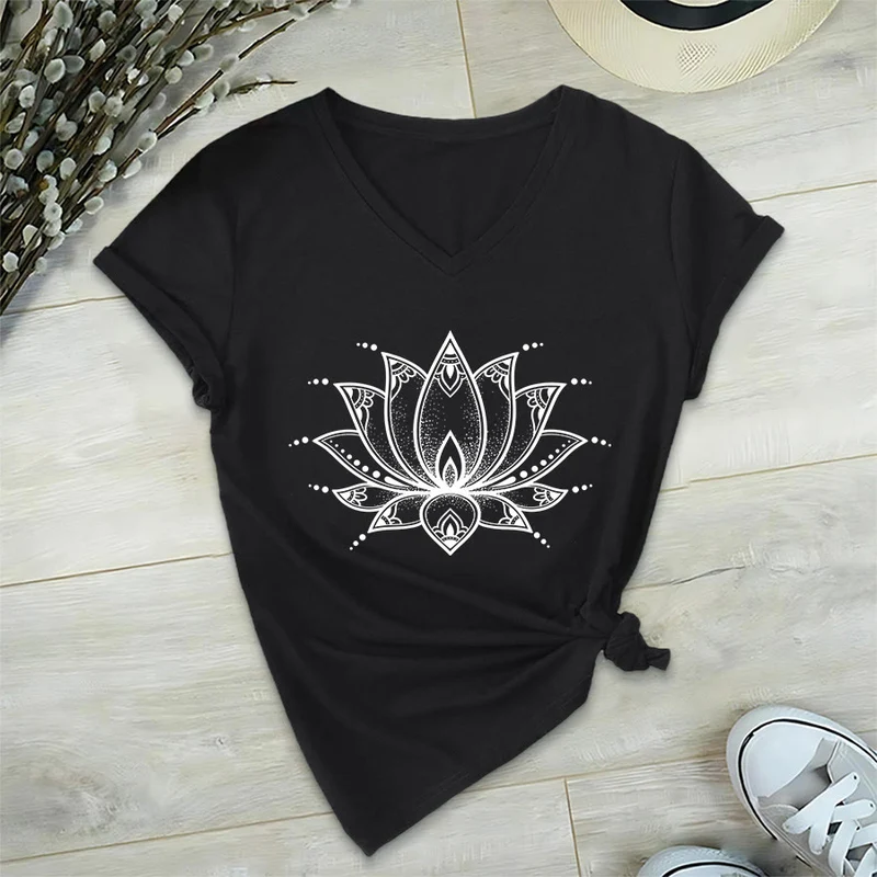 Olivenorma Minimal Outline Sacred Lotus Zen Graphic Damen-T-Shirt mit V-Ausschnitt