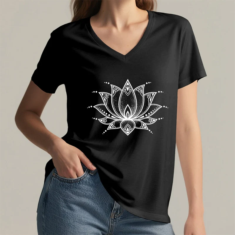 Olivenorma Minimal Outline Sacred Lotus Zen Graphic Damen-T-Shirt mit V-Ausschnitt