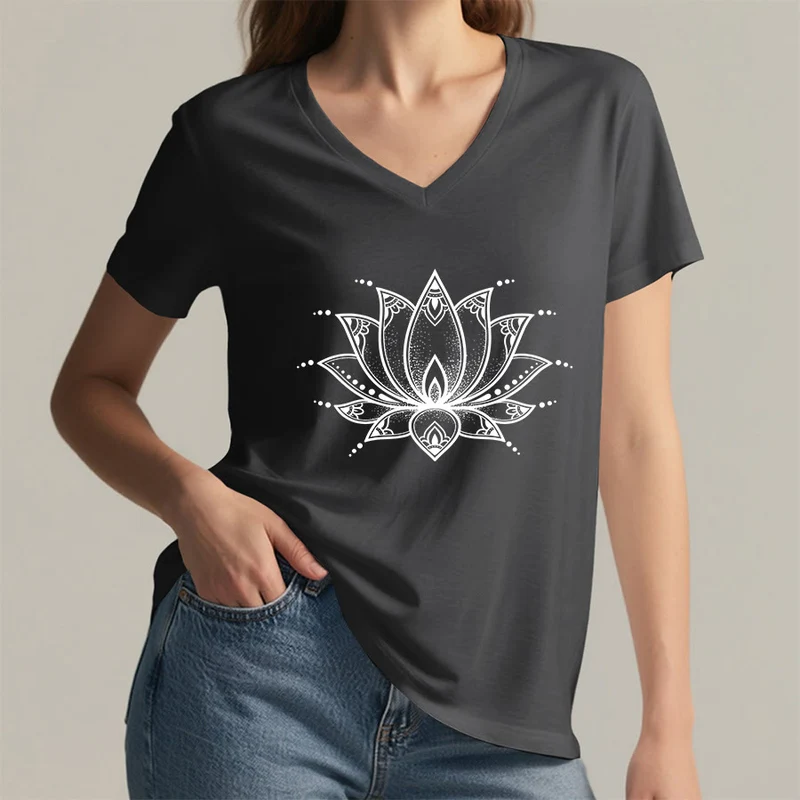 Olivenorma Minimal Outline Sacred Lotus Zen Graphic Damen-T-Shirt mit V-Ausschnitt