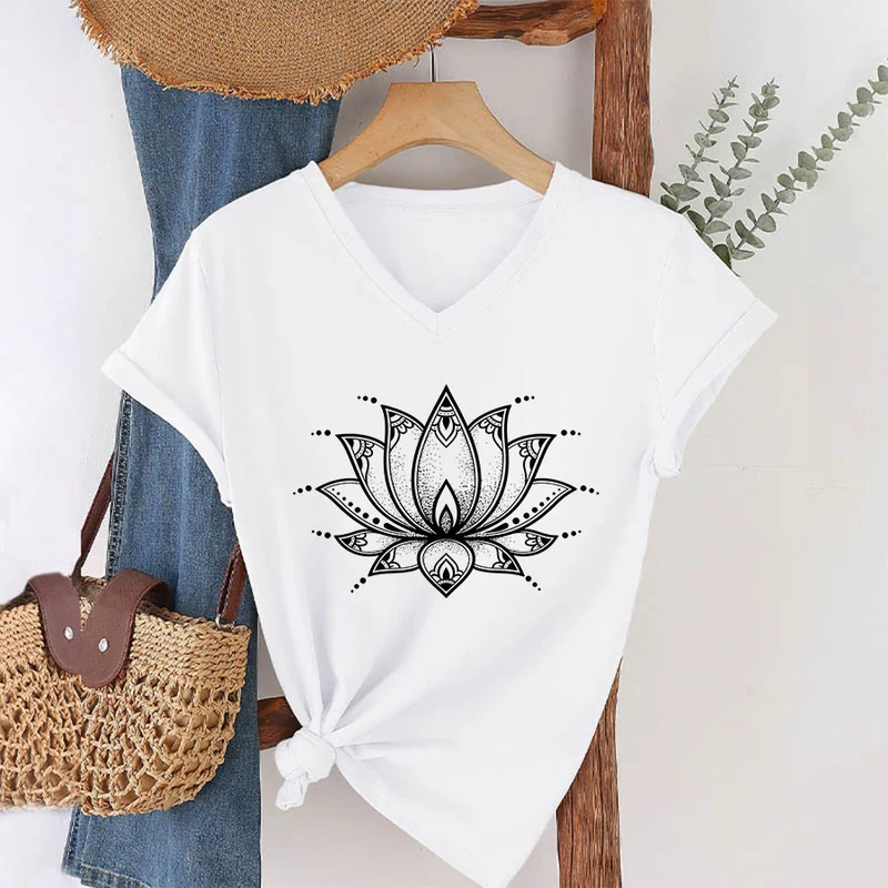 Olivenorma Minimal Outline Sacred Lotus Zen Graphic Damen-T-Shirt mit V-Ausschnitt