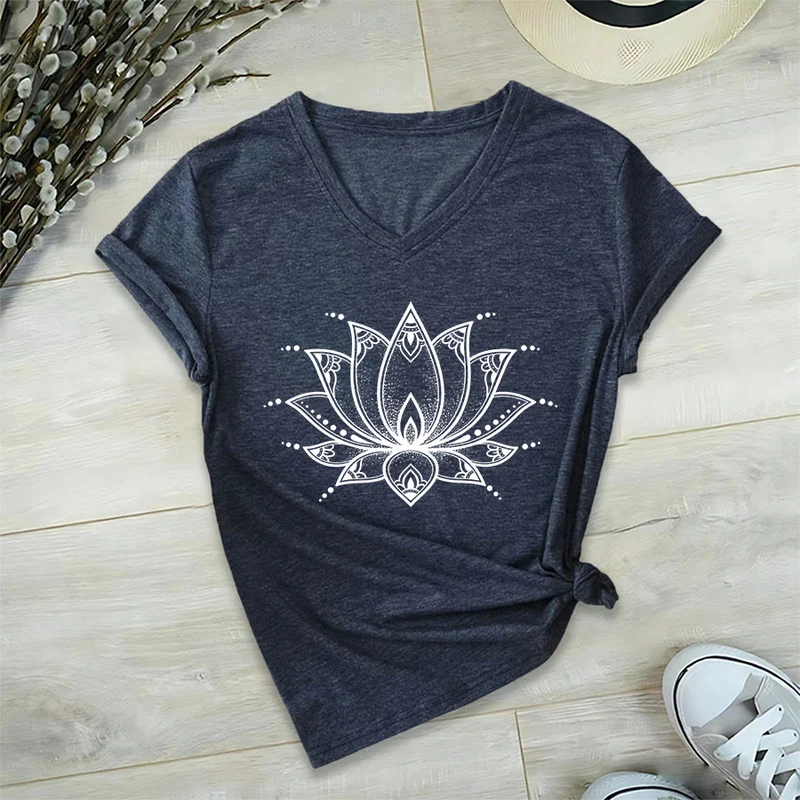 Olivenorma Minimal Outline Sacred Lotus Zen Graphic Damen-T-Shirt mit V-Ausschnitt