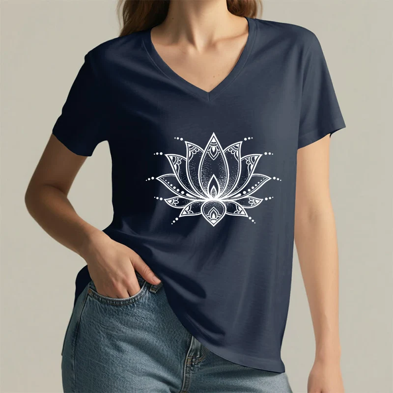 Olivenorma Minimal Outline Sacred Lotus Zen Graphic Damen-T-Shirt mit V-Ausschnitt