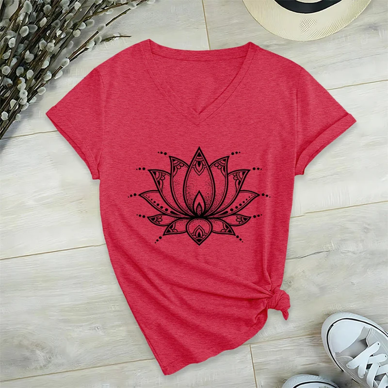 Olivenorma Minimal Outline Sacred Lotus Zen Graphic Damen-T-Shirt mit V-Ausschnitt