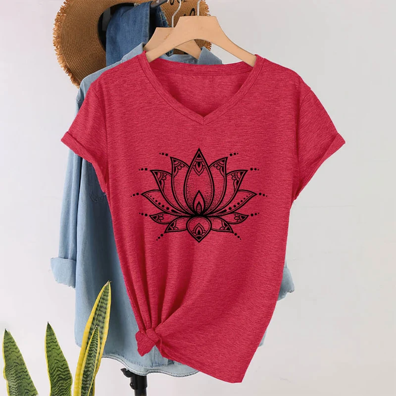 Olivenorma Minimal Outline Sacred Lotus Zen Graphic Damen-T-Shirt mit V-Ausschnitt