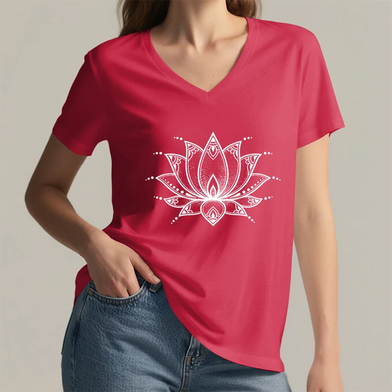 Olivenorma Minimal Outline Sacred Lotus Zen Graphic Damen-T-Shirt mit V-Ausschnitt
