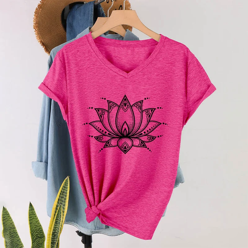 Olivenorma Minimal Outline Sacred Lotus Zen Graphic Damen-T-Shirt mit V-Ausschnitt