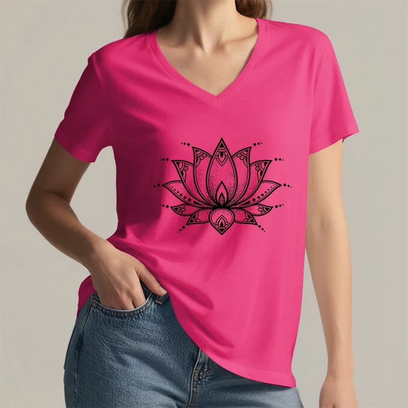 Olivenorma Minimal Outline Sacred Lotus Zen Graphic Damen-T-Shirt mit V-Ausschnitt