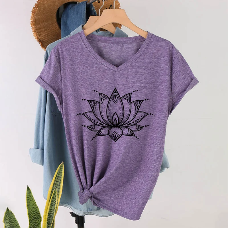 Olivenorma Minimal Outline Sacred Lotus Zen Graphic Damen-T-Shirt mit V-Ausschnitt