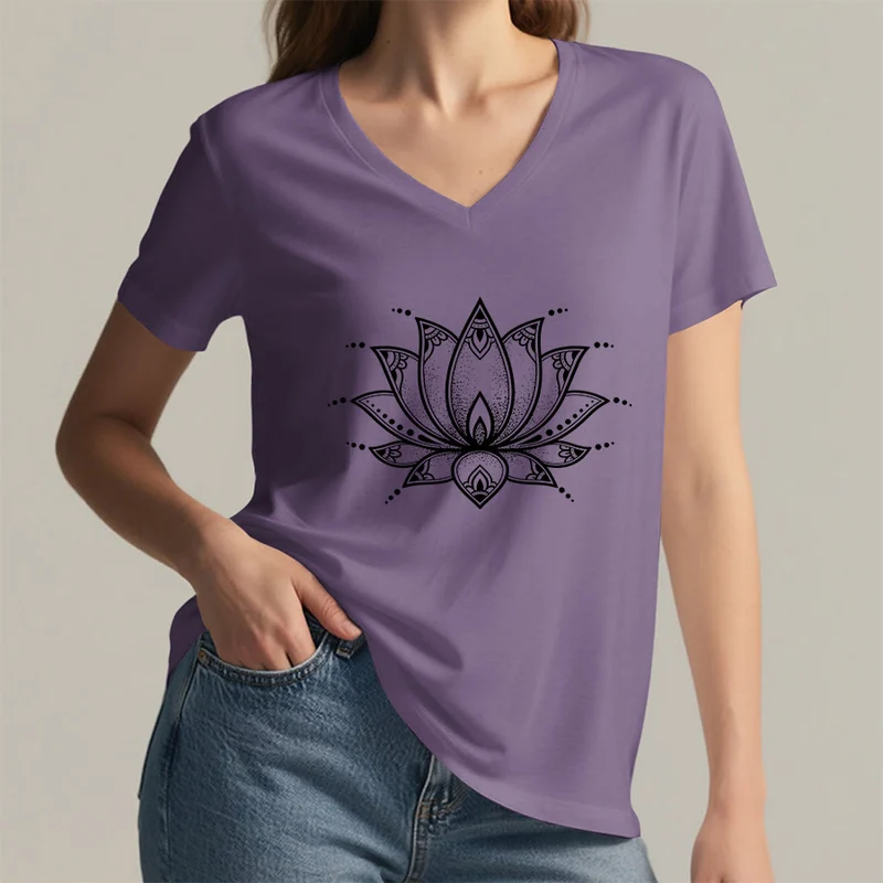 Olivenorma Minimal Outline Sacred Lotus Zen Graphic Damen-T-Shirt mit V-Ausschnitt
