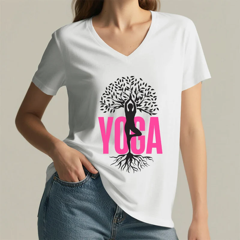 Olivenorma Yoga Figur Baum des Lebens Fettdruck Grafik Damen V-Ausschnitt T-Shirt
