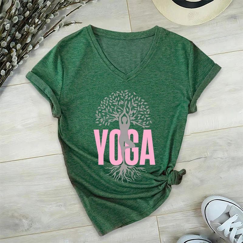 Olivenorma Yoga Figur Baum des Lebens Fettdruck Grafik Damen V-Ausschnitt T-Shirt