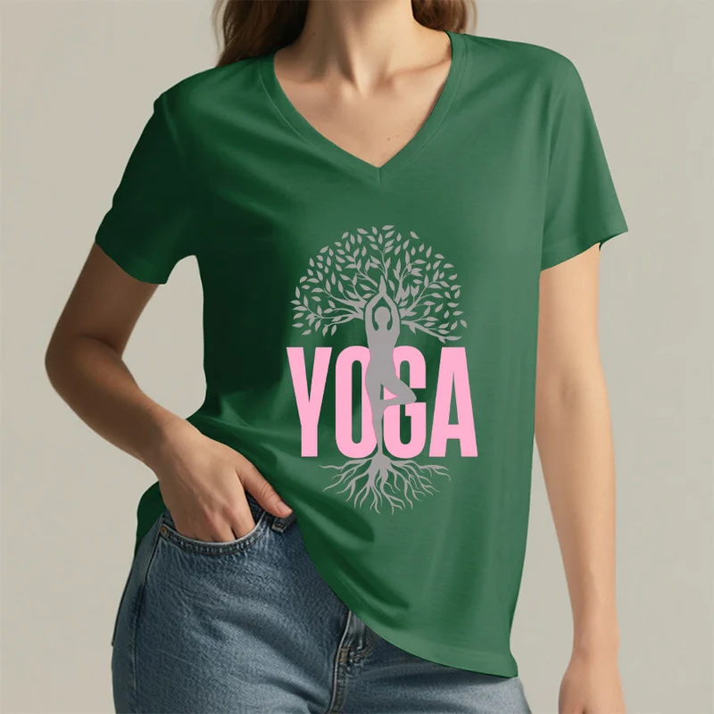 Olivenorma Yoga Figur Baum des Lebens Fettdruck Grafik Damen V-Ausschnitt T-Shirt