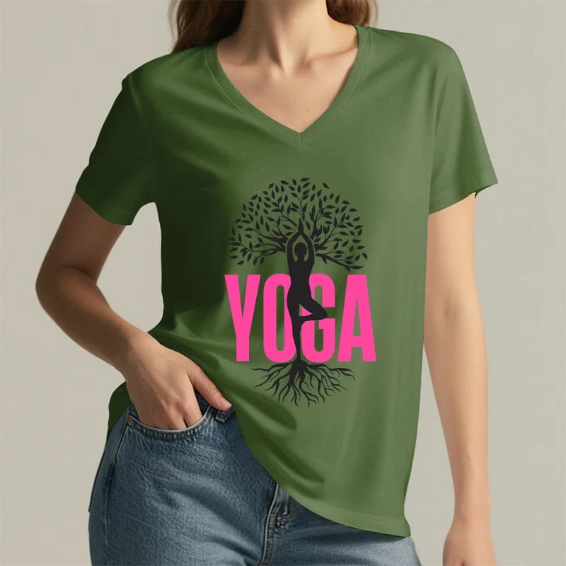 Olivenorma Yoga Figur Baum des Lebens Fettdruck Grafik Damen V-Ausschnitt T-Shirt