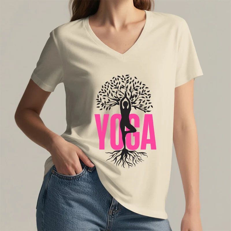 Olivenorma Yoga Figur Baum des Lebens Fettdruck Grafik Damen V-Ausschnitt T-Shirt