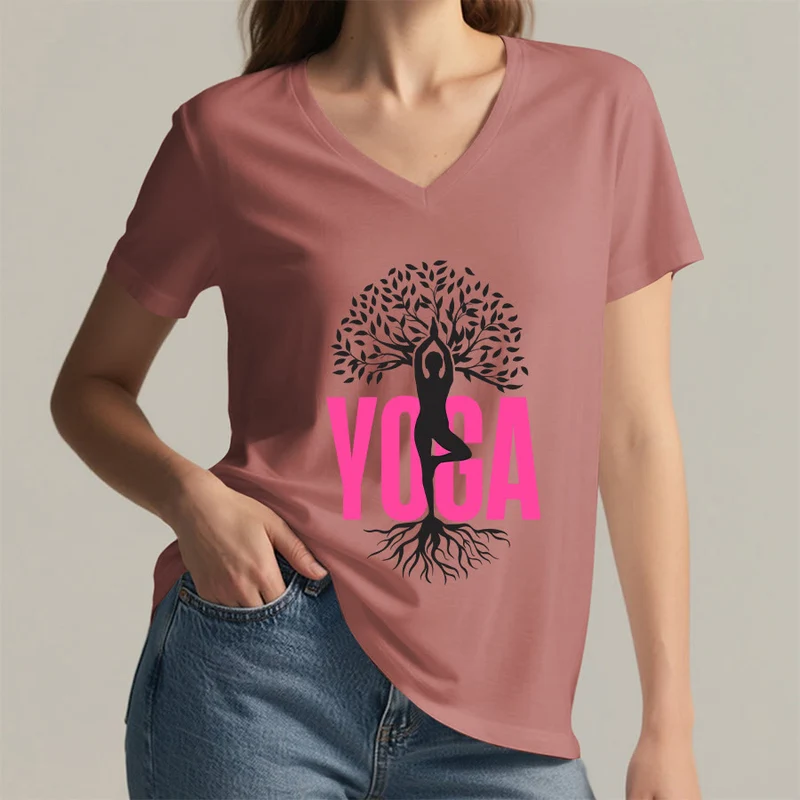 Olivenorma Yoga Figur Baum des Lebens Fettdruck Grafik Damen V-Ausschnitt T-Shirt