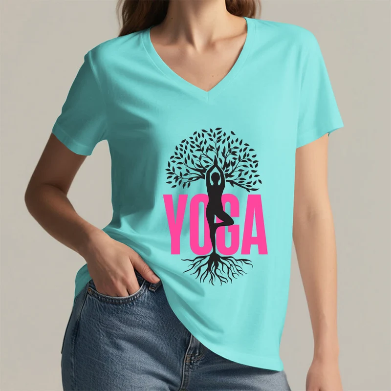 Olivenorma Yoga Figur Baum des Lebens Fettdruck Grafik Damen V-Ausschnitt T-Shirt