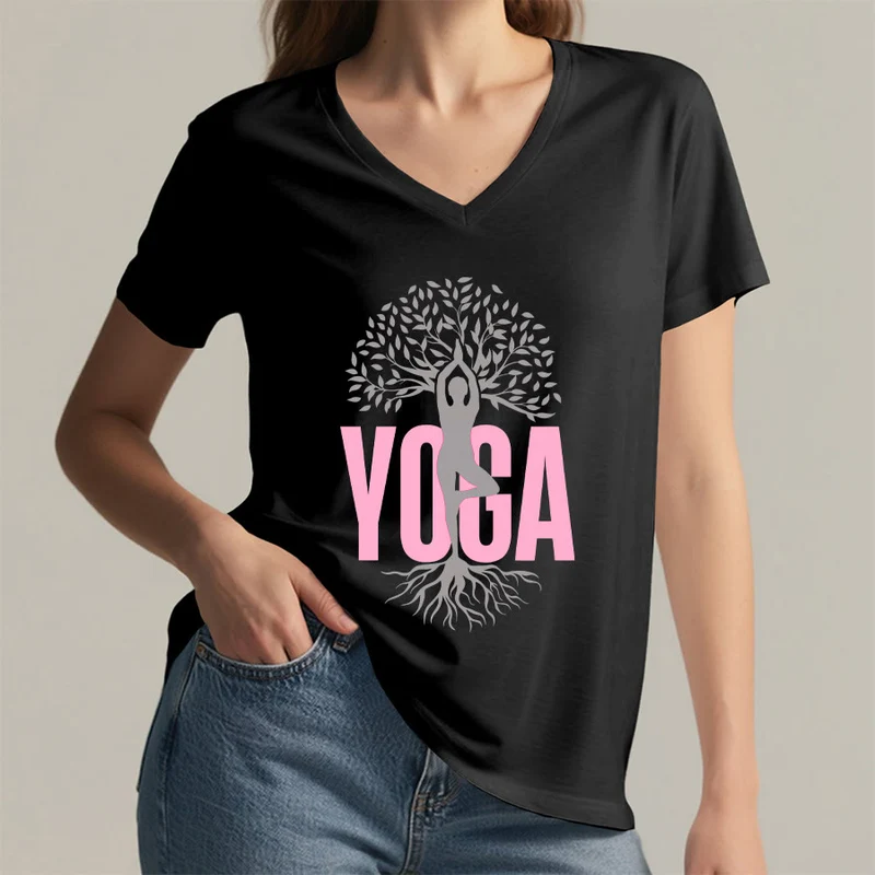 Olivenorma Yoga Figur Baum des Lebens Fettdruck Grafik Damen V-Ausschnitt T-Shirt