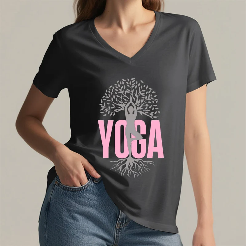 Olivenorma Yoga Figur Baum des Lebens Fettdruck Grafik Damen V-Ausschnitt T-Shirt