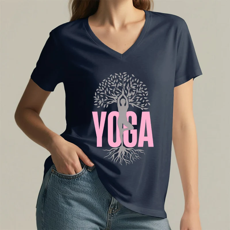 Olivenorma Yoga Figur Baum des Lebens Fettdruck Grafik Damen V-Ausschnitt T-Shirt