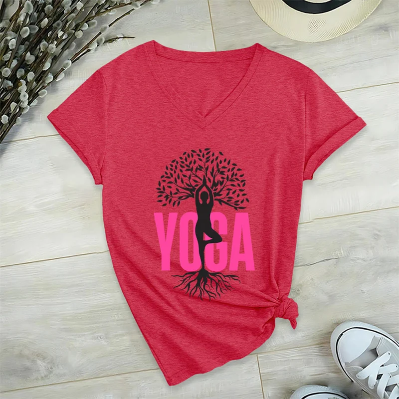 Olivenorma Yoga Figur Baum des Lebens Fettdruck Grafik Damen V-Ausschnitt T-Shirt