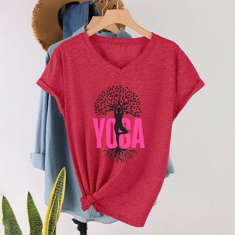 Olivenorma Yoga Figur Baum des Lebens Fettdruck Grafik Damen V-Ausschnitt T-Shirt