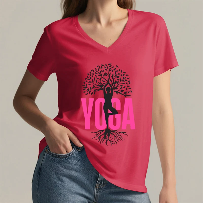 Olivenorma Yoga Figur Baum des Lebens Fettdruck Grafik Damen V-Ausschnitt T-Shirt
