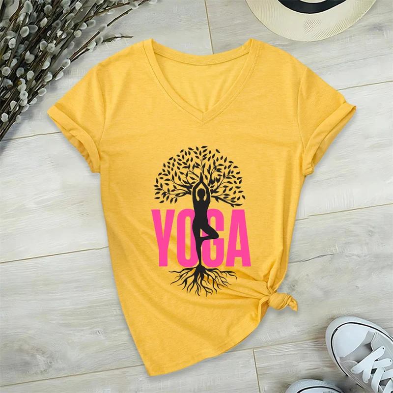 Olivenorma Yoga Figur Baum des Lebens Fettdruck Grafik Damen V-Ausschnitt T-Shirt
