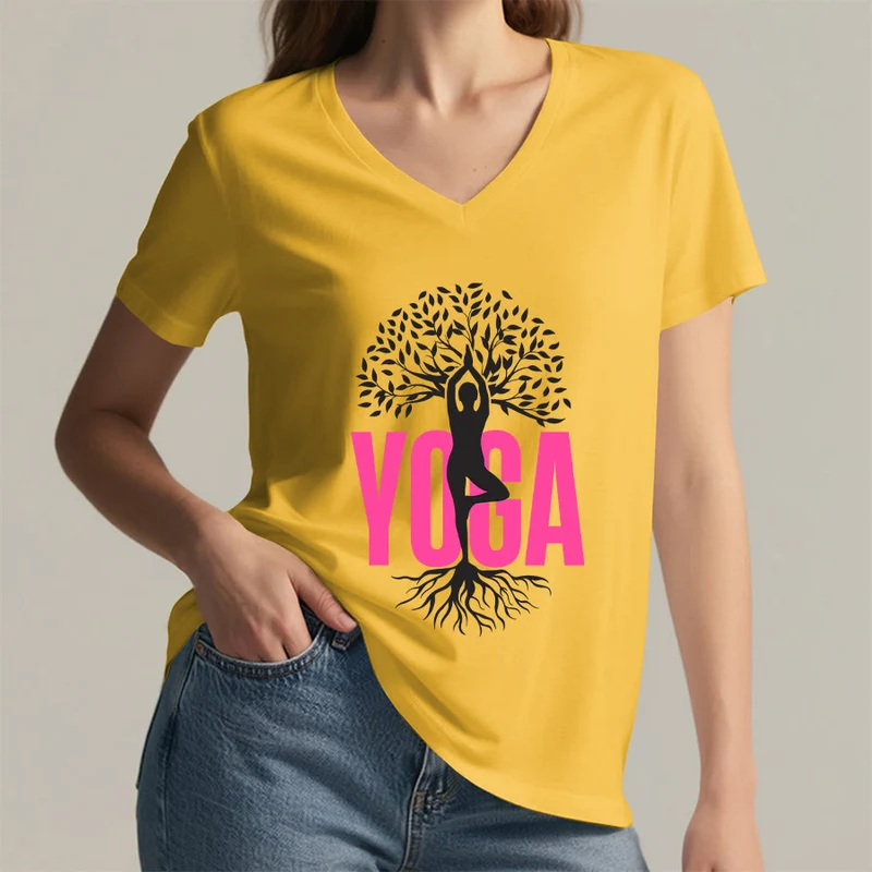 Olivenorma Yoga Figur Baum des Lebens Fettdruck Grafik Damen V-Ausschnitt T-Shirt
