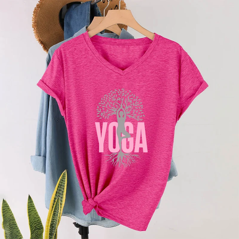 Olivenorma Yoga Figur Baum des Lebens Fettdruck Grafik Damen V-Ausschnitt T-Shirt