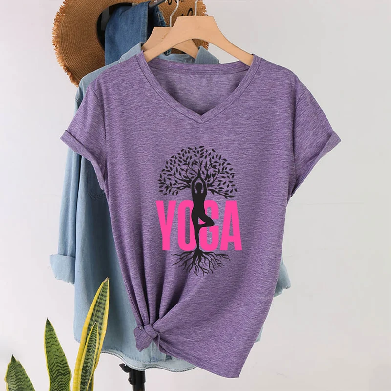 Olivenorma Yoga Figur Baum des Lebens Fettdruck Grafik Damen V-Ausschnitt T-Shirt