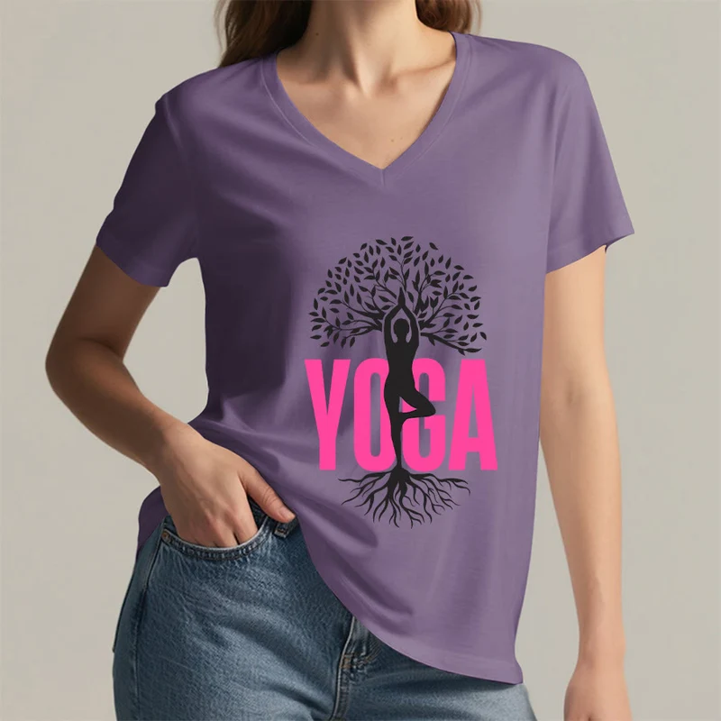 Olivenorma Yoga Figur Baum des Lebens Fettdruck Grafik Damen V-Ausschnitt T-Shirt