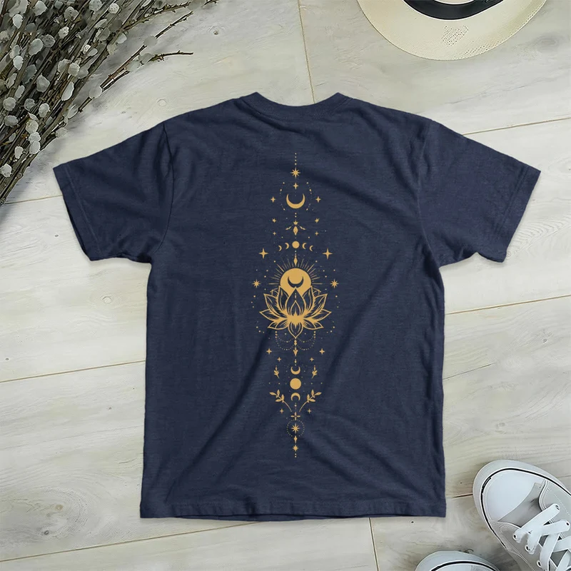 Olivenorma Damen-T-Shirt mit V-Ausschnitt, Mond-Lotus-Motiv, Vorder- und Rückseite doppelt bedruckt
