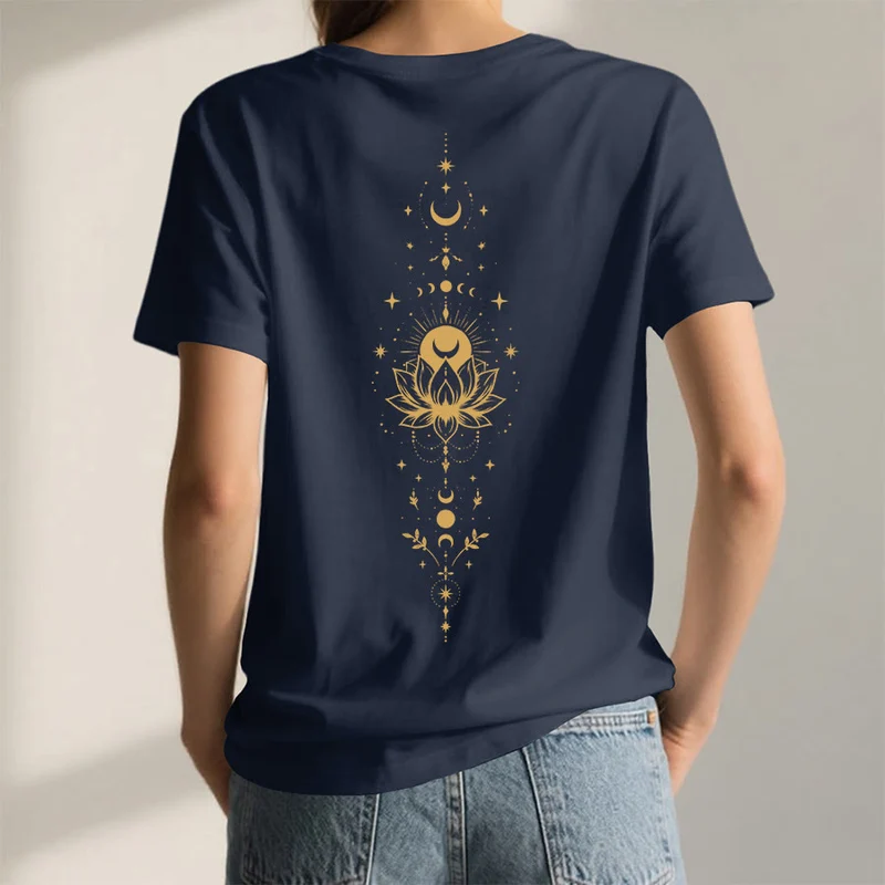 Olivenorma Damen-T-Shirt mit V-Ausschnitt, Mond-Lotus-Motiv, Vorder- und Rückseite doppelt bedruckt