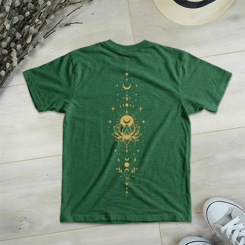 Olivenorma Damen-T-Shirt mit V-Ausschnitt, Mond-Lotus-Motiv, Vorder- und Rückseite doppelt bedruckt