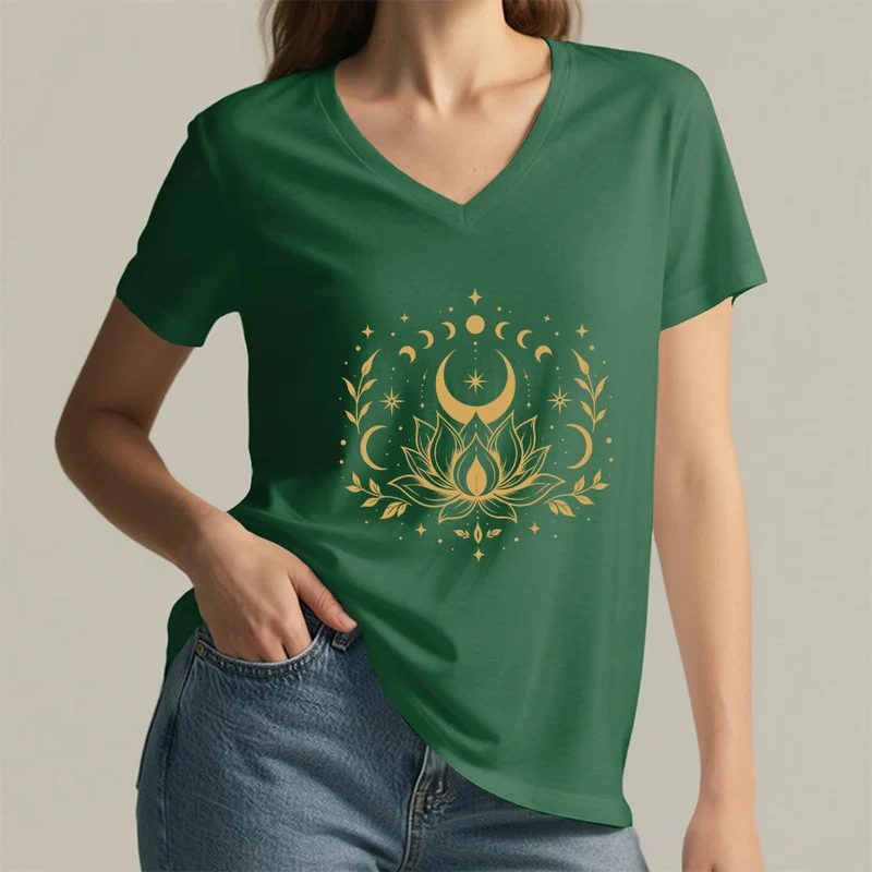 Olivenorma Damen-T-Shirt mit V-Ausschnitt, Mond-Lotus-Motiv, Vorder- und Rückseite doppelt bedruckt