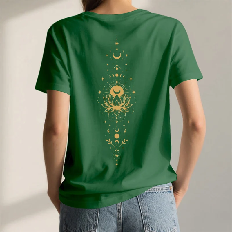 Olivenorma Damen-T-Shirt mit V-Ausschnitt, Mond-Lotus-Motiv, Vorder- und Rückseite doppelt bedruckt