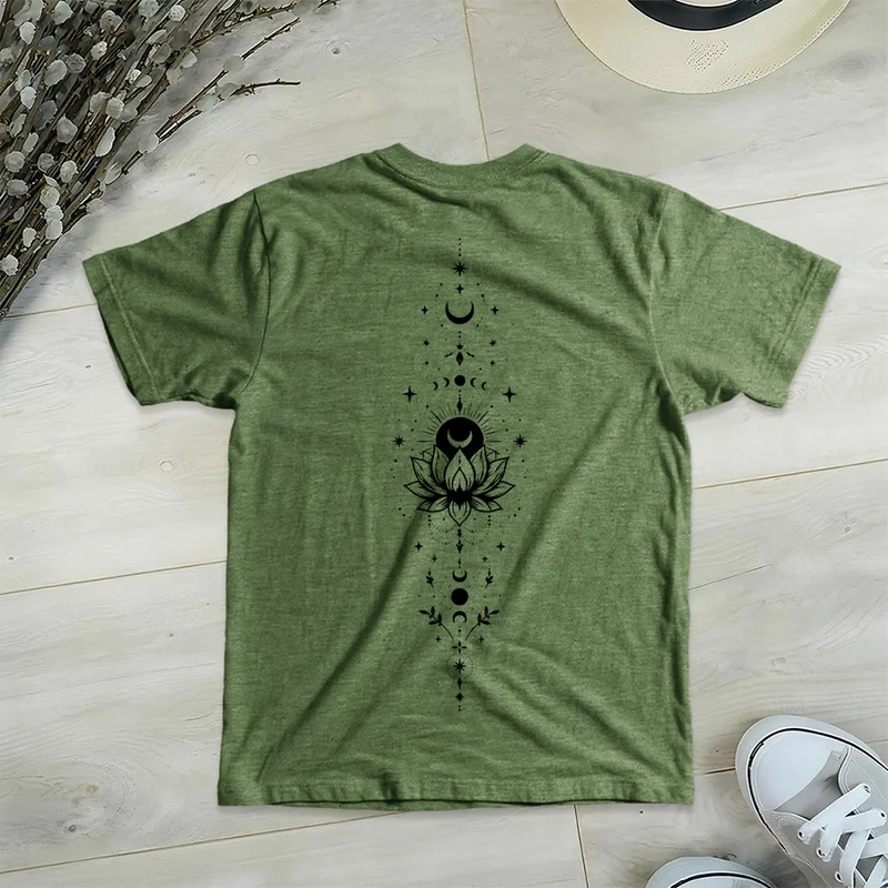 Olivenorma Damen-T-Shirt mit V-Ausschnitt, Mond-Lotus-Motiv, Vorder- und Rückseite doppelt bedruckt