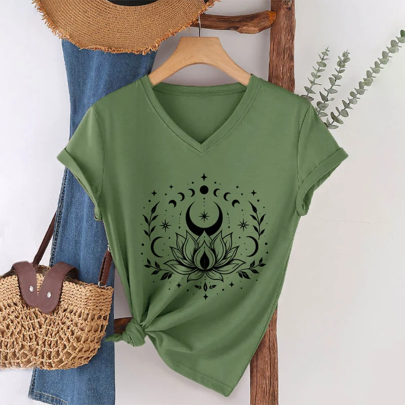 Olivenorma Damen-T-Shirt mit V-Ausschnitt, Mond-Lotus-Motiv, Vorder- und Rückseite doppelt bedruckt