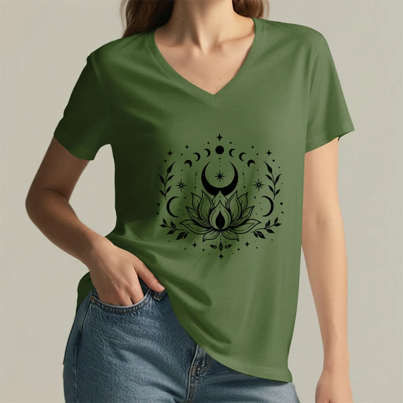 Olivenorma Damen-T-Shirt mit V-Ausschnitt, Mond-Lotus-Motiv, Vorder- und Rückseite doppelt bedruckt