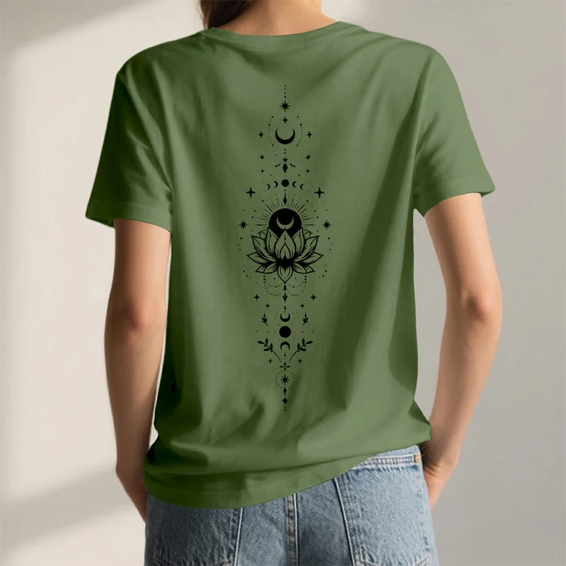 Olivenorma Damen-T-Shirt mit V-Ausschnitt, Mond-Lotus-Motiv, Vorder- und Rückseite doppelt bedruckt