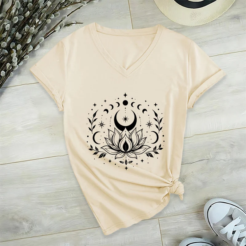 Olivenorma Damen-T-Shirt mit V-Ausschnitt, Mond-Lotus-Motiv, Vorder- und Rückseite doppelt bedruckt