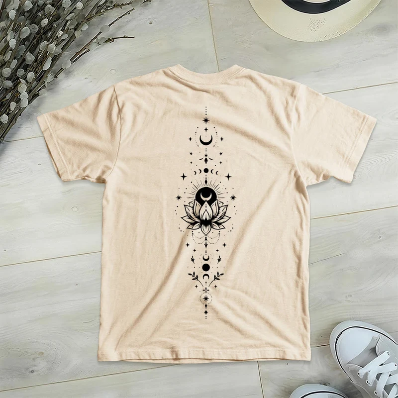 Olivenorma Damen-T-Shirt mit V-Ausschnitt, Mond-Lotus-Motiv, Vorder- und Rückseite doppelt bedruckt