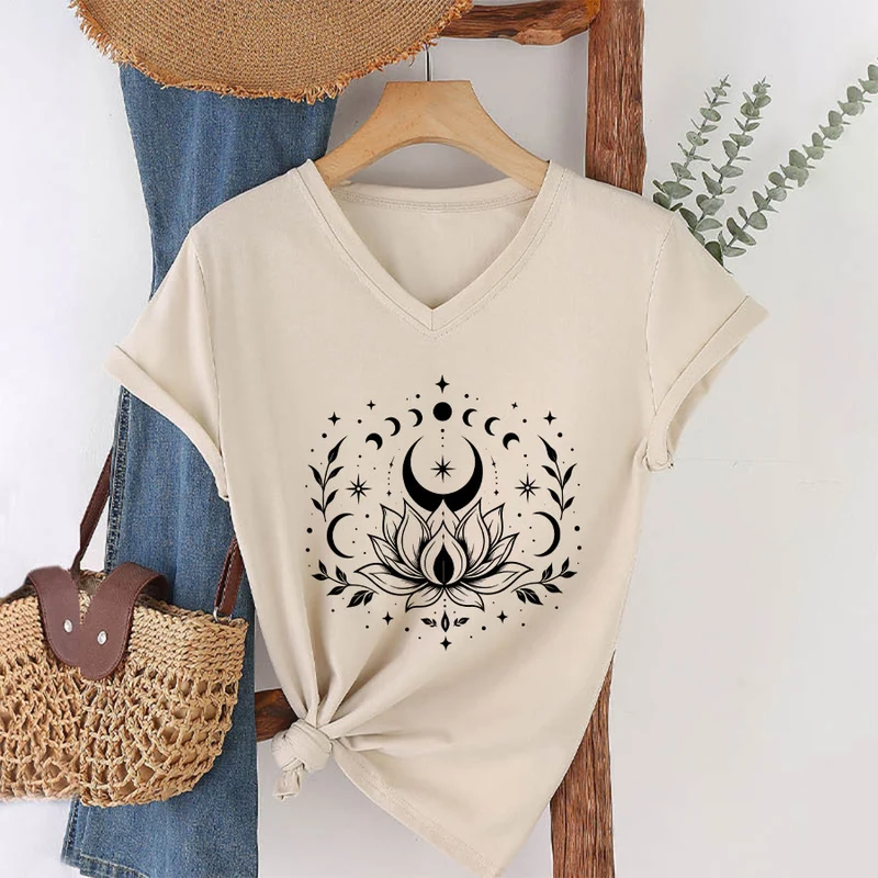 Olivenorma Damen-T-Shirt mit V-Ausschnitt, Mond-Lotus-Motiv, Vorder- und Rückseite doppelt bedruckt