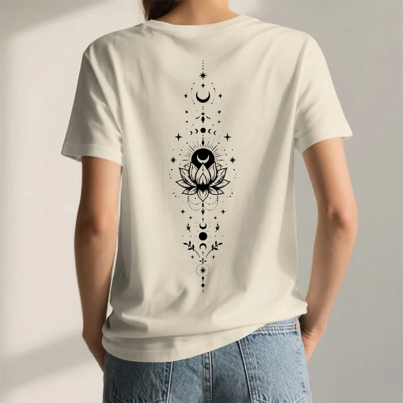 Olivenorma Damen-T-Shirt mit V-Ausschnitt, Mond-Lotus-Motiv, Vorder- und Rückseite doppelt bedruckt